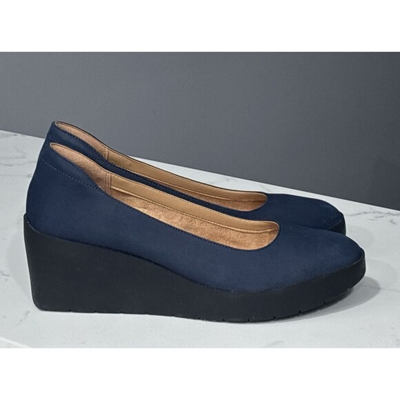 Vionic Shoes - Vionic Serano Wedge Pump Womens 9.5 Blue Black Nubuck Leather Minimalist
